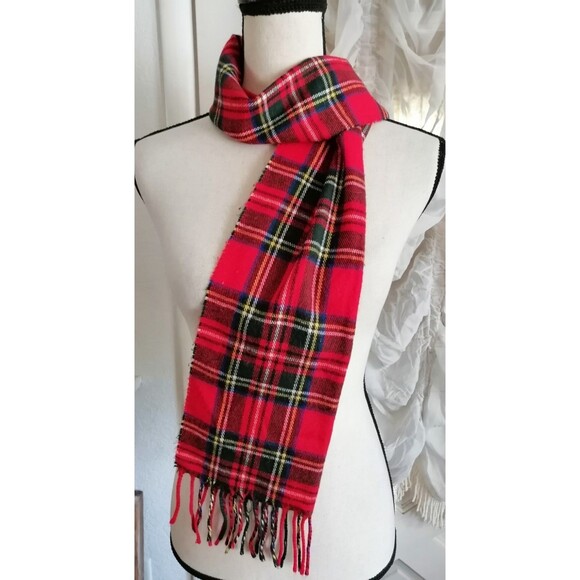 Vintage Christian Dior Cashmaire Red & Black Tartan Plaid Scarf Made in England - Picture 3 of 5